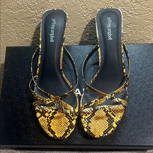 Jeffrey Campbell Yellow Snake-Print Slip-On Mules